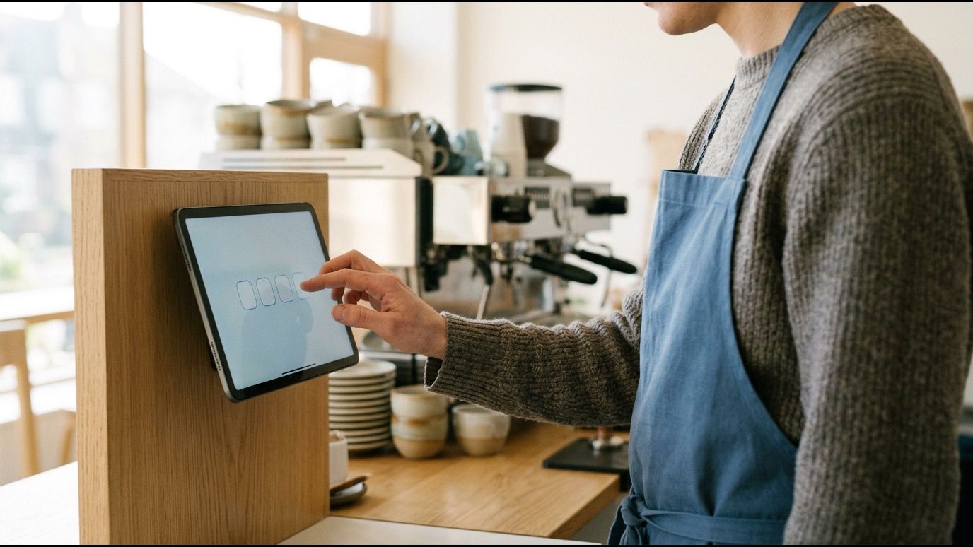 Barista introduciendo su PIN en la tablet de pared de la barra al empezar el turno.