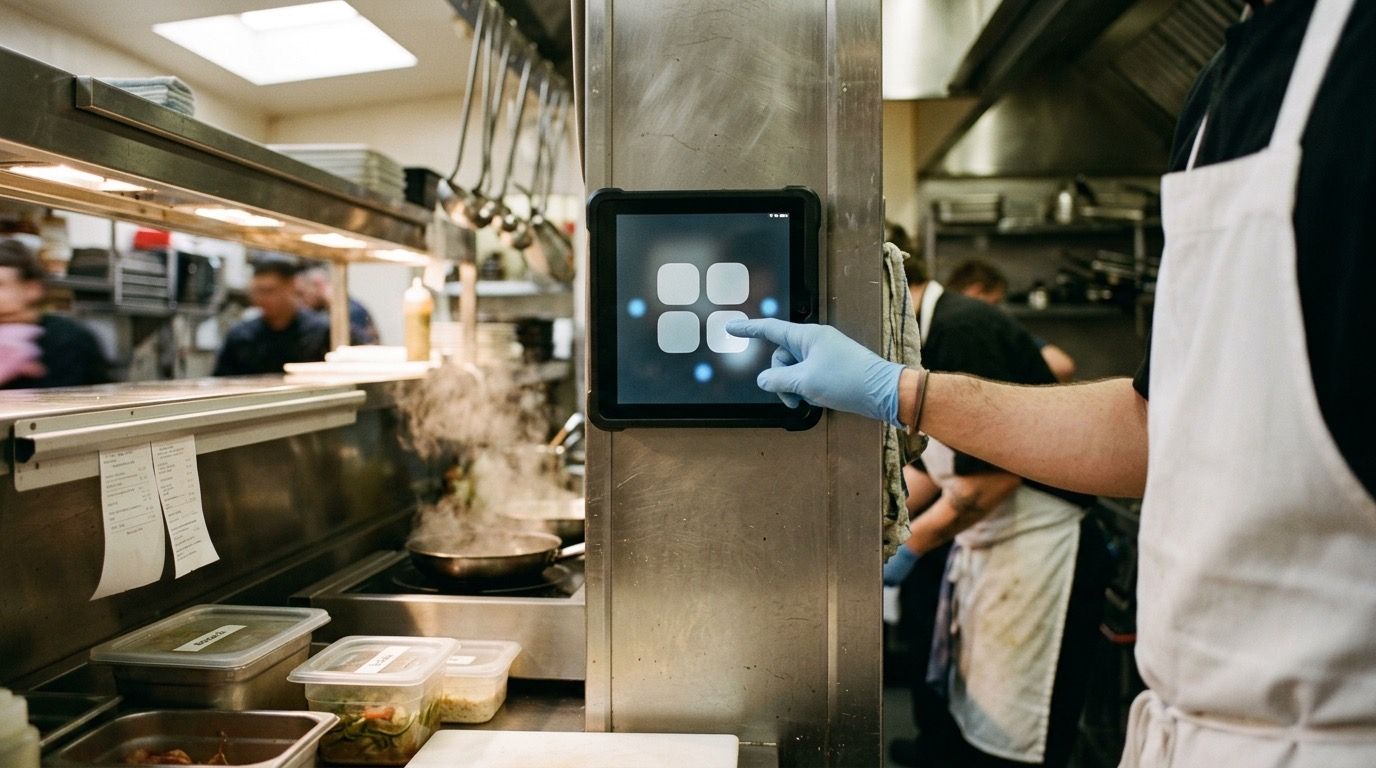 Cocinero introduciendo su PIN en la tableta de pared del pase de cocina al empezar el turno.