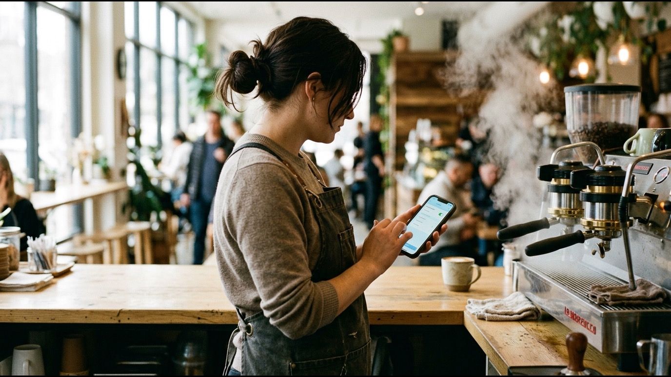 Barista firmando una tarea desde el móvil junto a la cafetera, en pleno servicio.