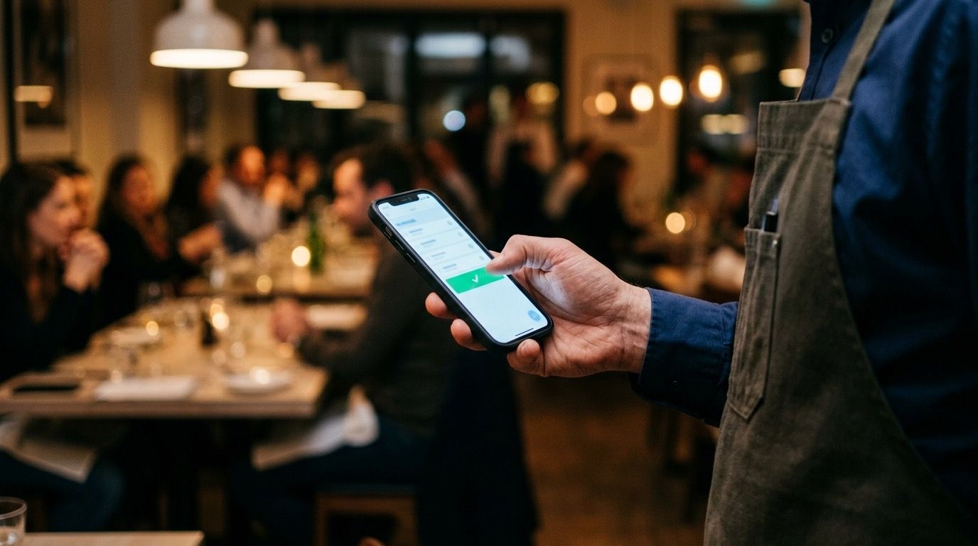 Camarero firmando una tarea desde el móvil con un check verde, en plena cena.