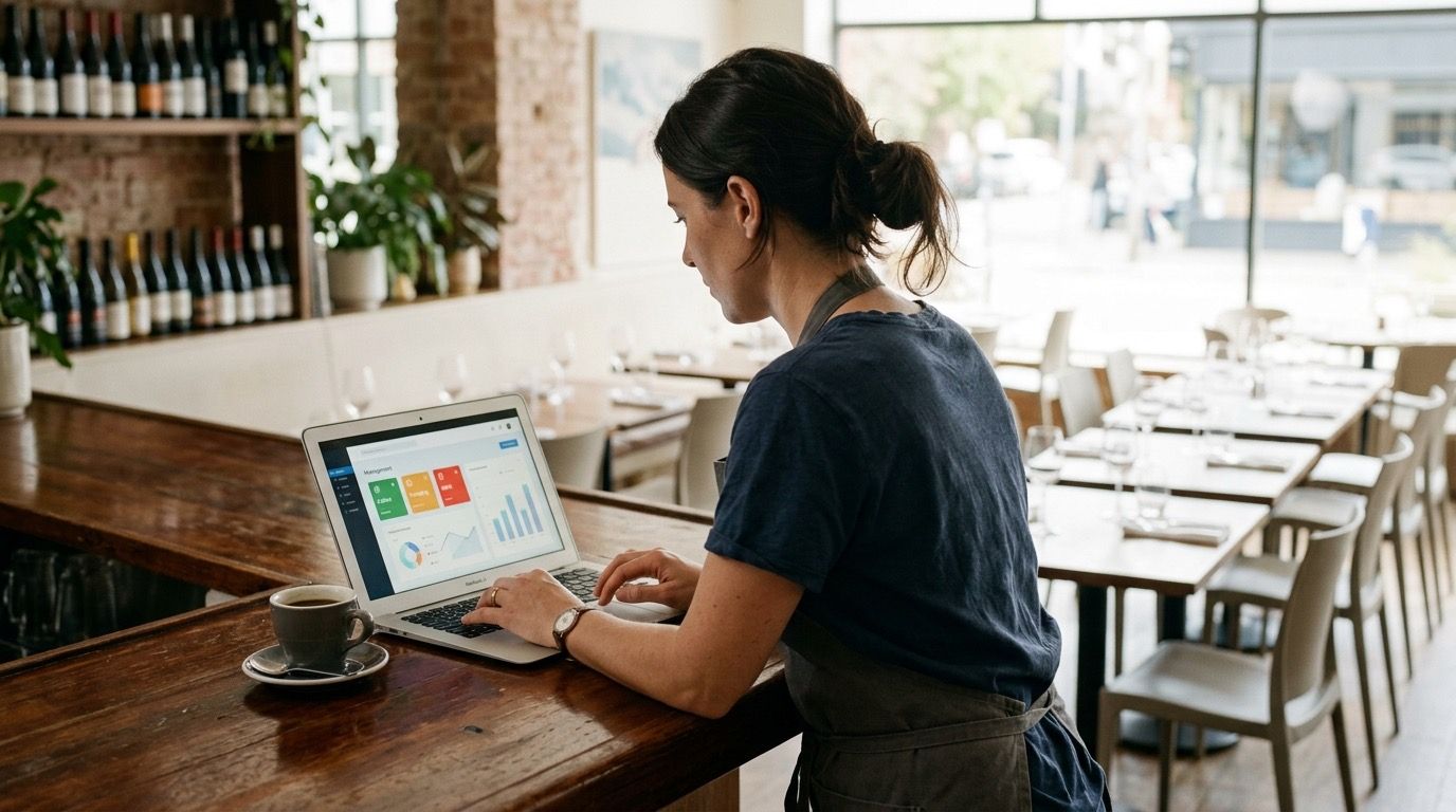 Dueña del restaurante revisando el dashboard con el semáforo de cumplimiento desde la barra entre servicios.