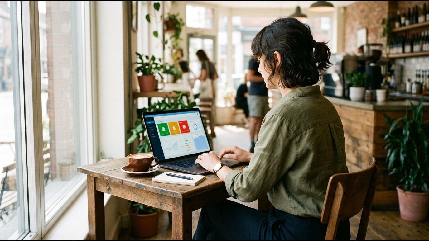 Dueña de la cafetería revisando el dashboard con el semáforo de cumplimiento desde una mesa junto a la ventana.