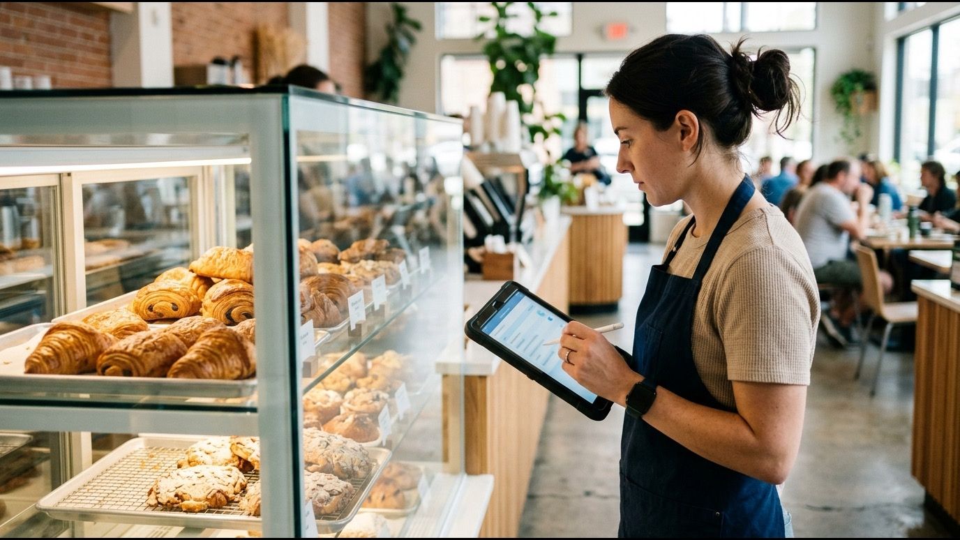 Barista comprobando la temperatura de la vitrina refrigerada y anotándola en una tablet.