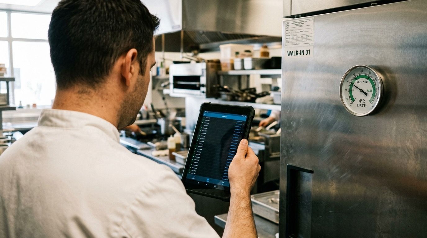 Jefe de cocina consultando el histórico firmado de tomas de temperatura APPCC junto a la cámara walk-in.