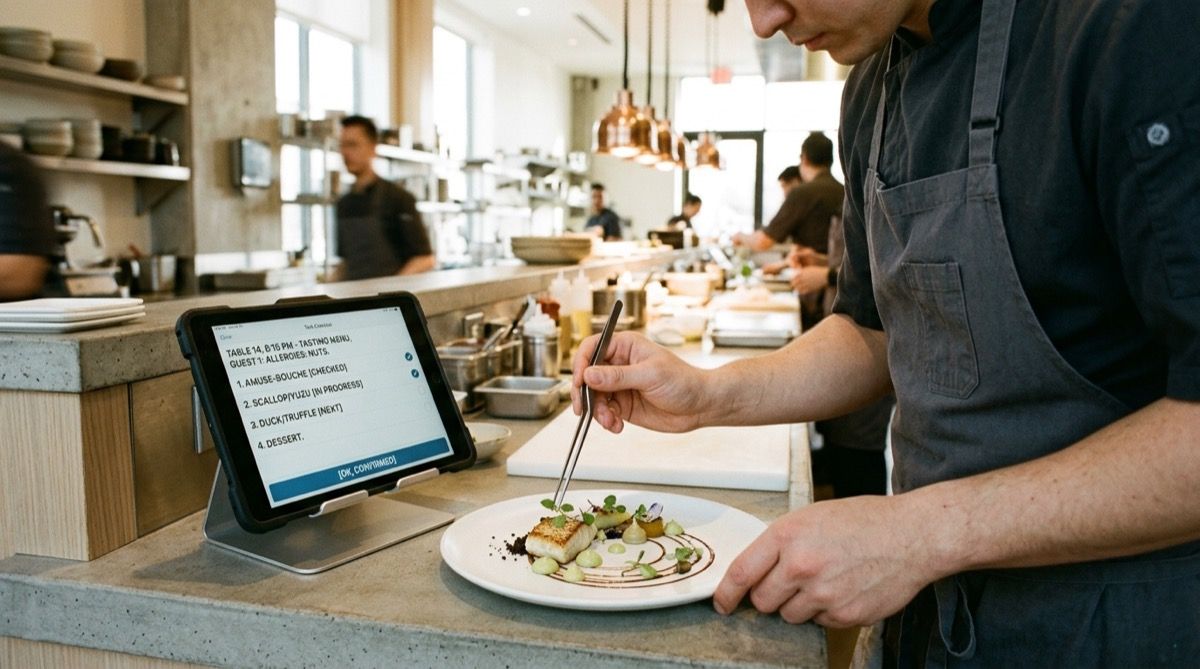 Chef emplatando con pinzas un plato de menú degustación, con una tablet de tareas al lado mostrando el orden del pase y las guarniciones pendientes.