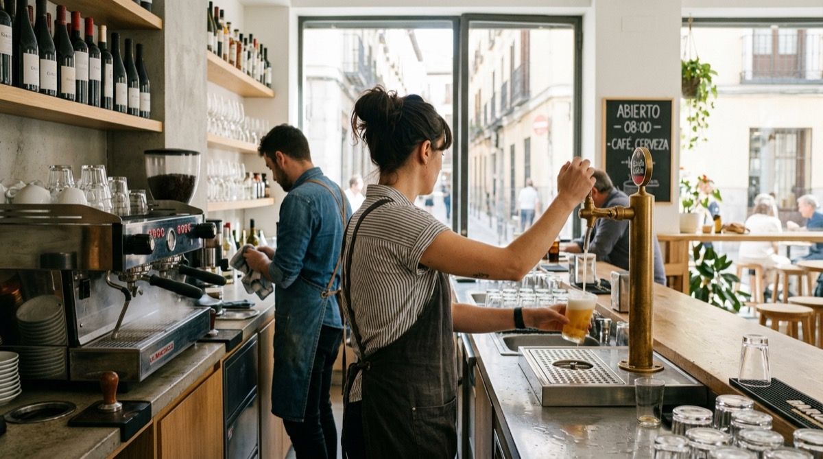 Camarera tirando una caña y barista cebando la cafetera en la apertura de un bar.
