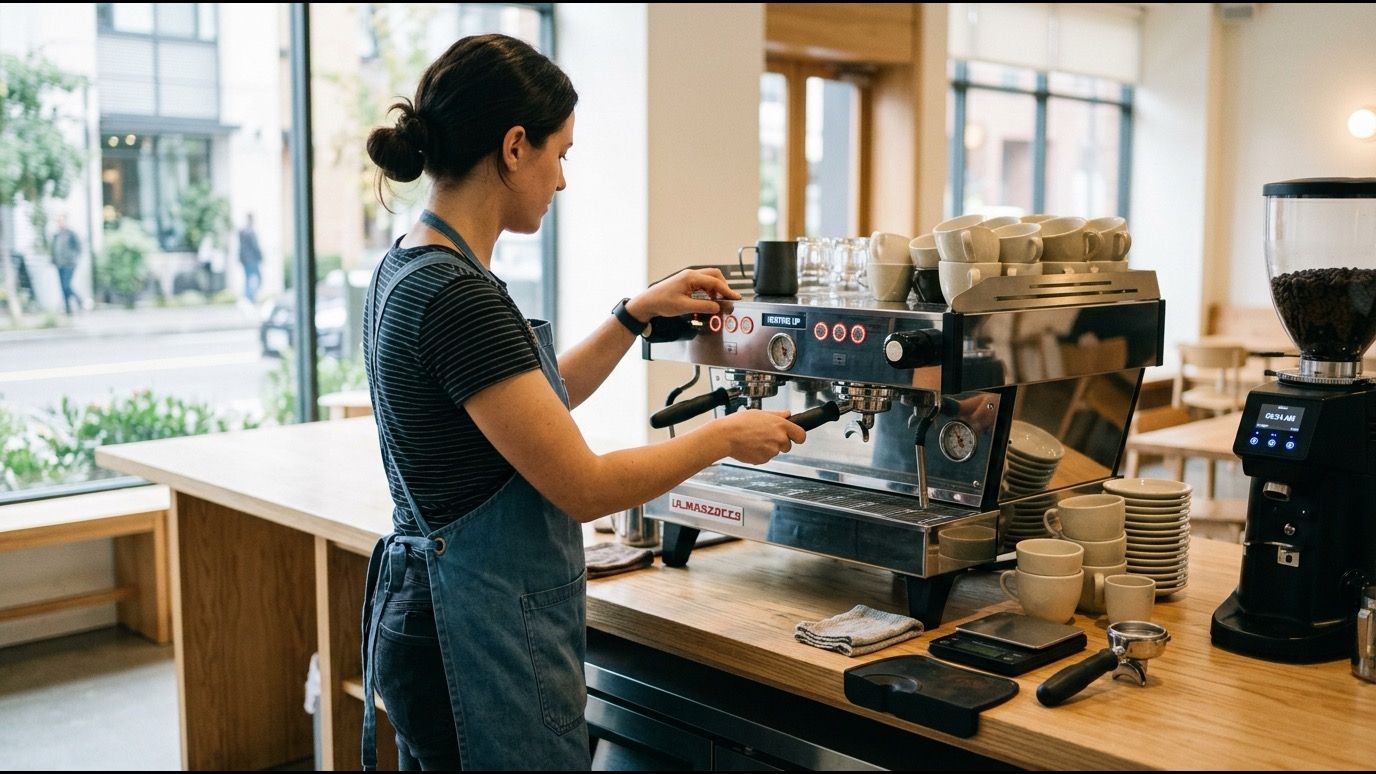 Barista calibrando y encendiendo la cafetera espresso al abrir la cafetería con luz de mañana.