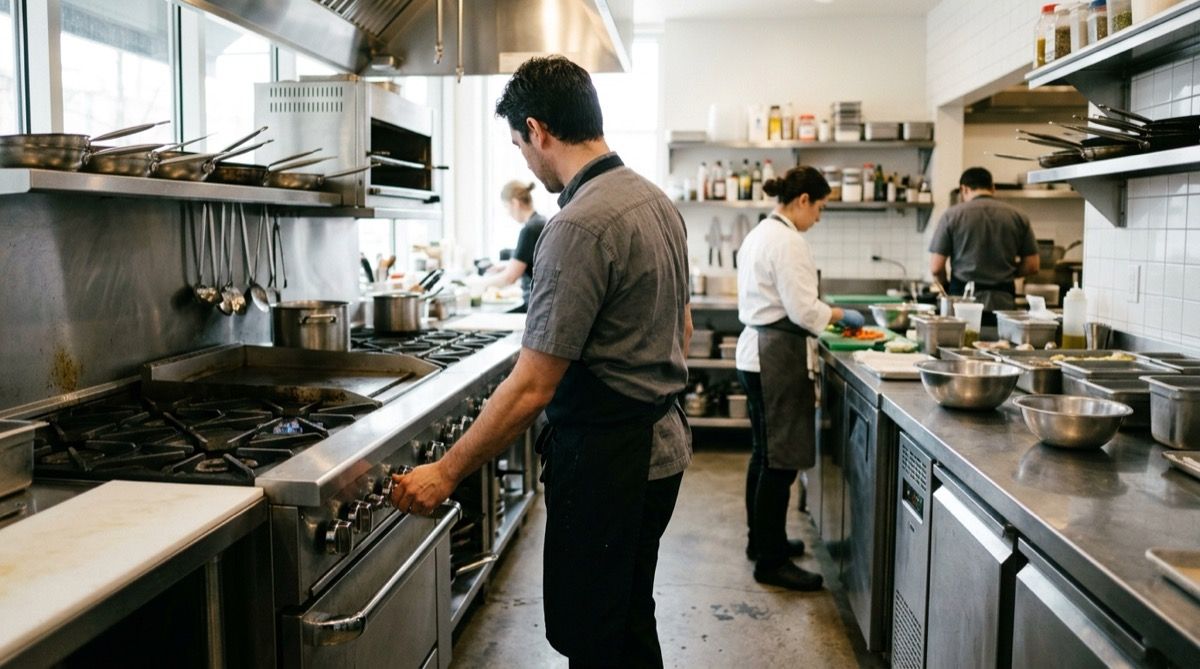 Cocinero encendiendo los fogones y la plancha de la cocina de un restaurante al abrir, con luz de mañana.