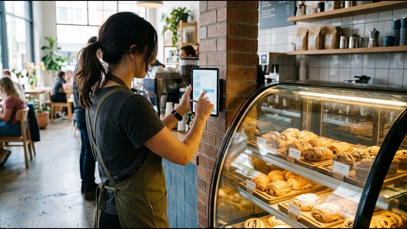 Barista anotando la temperatura de la vitrina refrigerada en la tablet de barra al abrir.