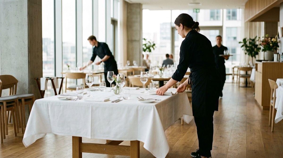 Camarera montando las mesas del comedor de un restaurante antes del servicio, con mantelería limpia.
