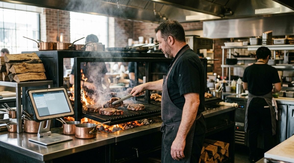 Parrillero asando chuletones sobre la brasa de carbón y leña de un asador, con la parrilla a temperatura y una tablet de tareas al lado.
