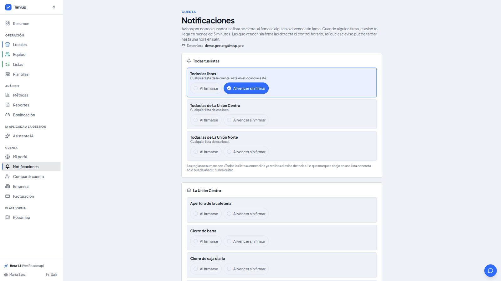 Pantalla de avisos por email de Timlup con las suscripciones por lista y por local