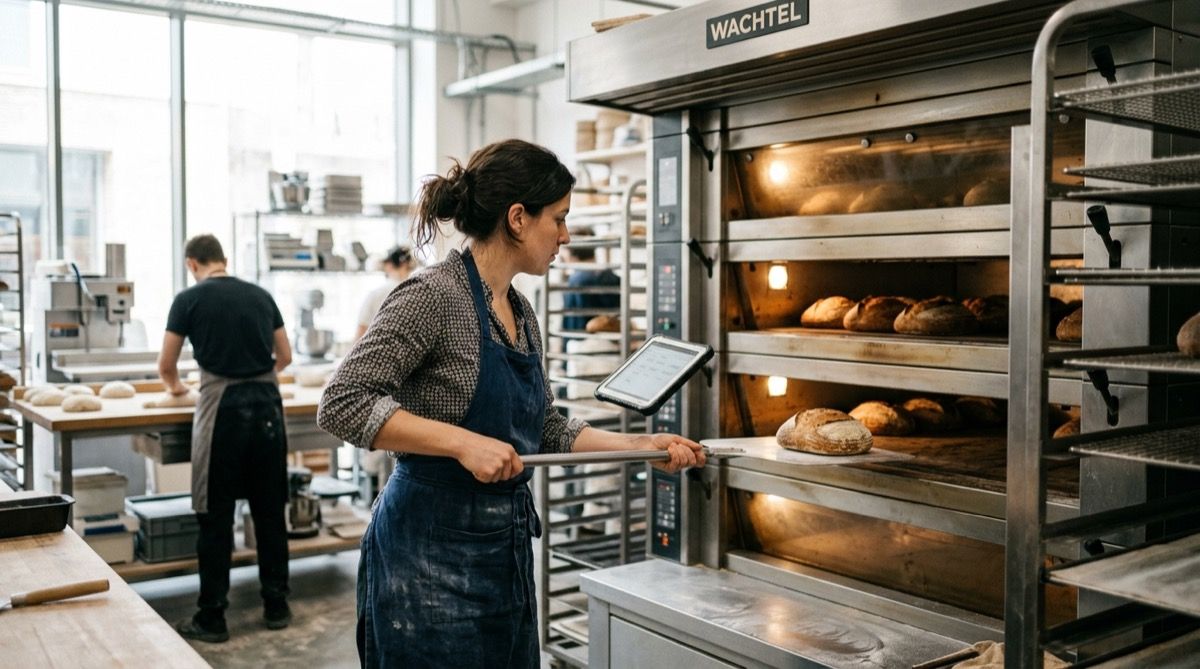 Panadera cargando hogazas en el horno de pisos del obrador, con una tablet.