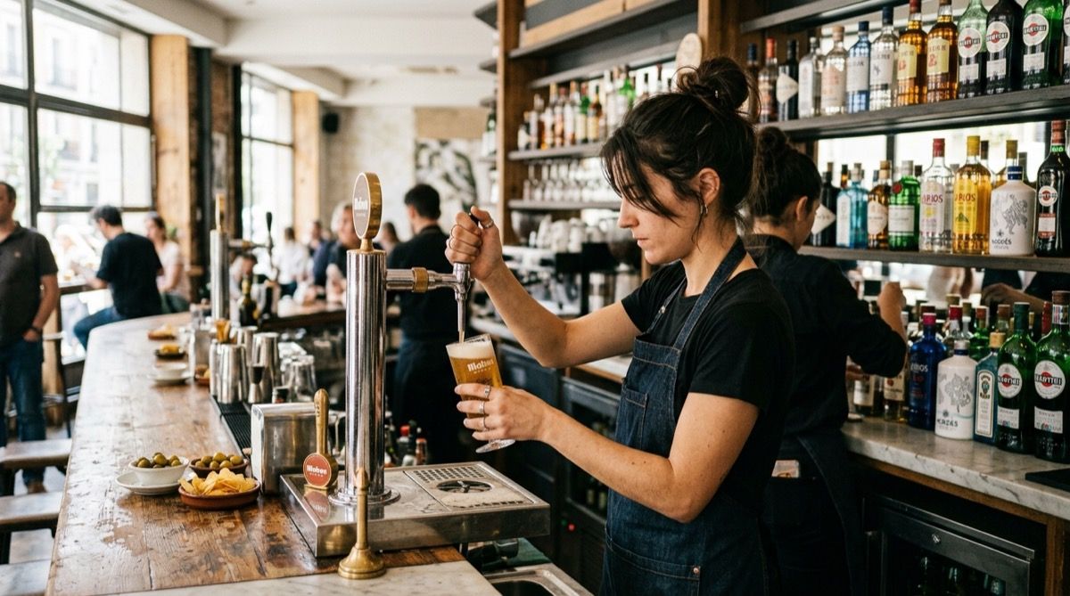 Camarera tirando una caña en el tirador de cerveza de un bar español.