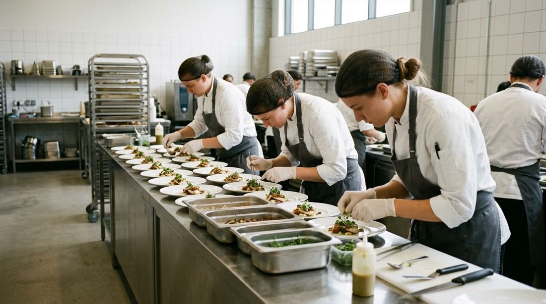 Brigada de cocina emplatando menús en la línea de producción de la cocina central