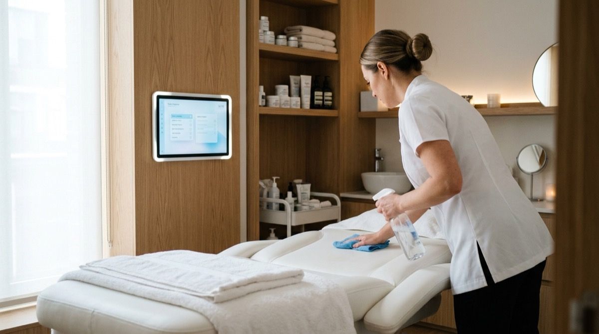 Esteticista desinfectando la camilla de la cabina entre clientes mientras marca la tarea en una tablet.