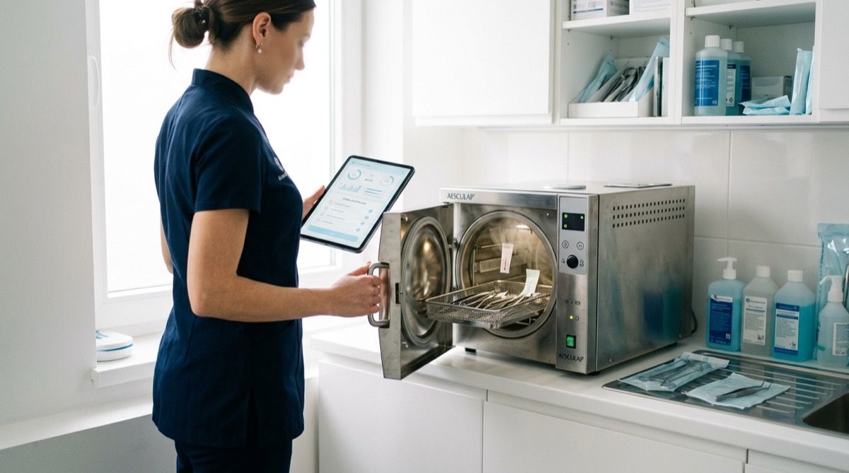 Esteticista comprobando el autoclave esterilizador de material con la tablet de tareas en la mano.