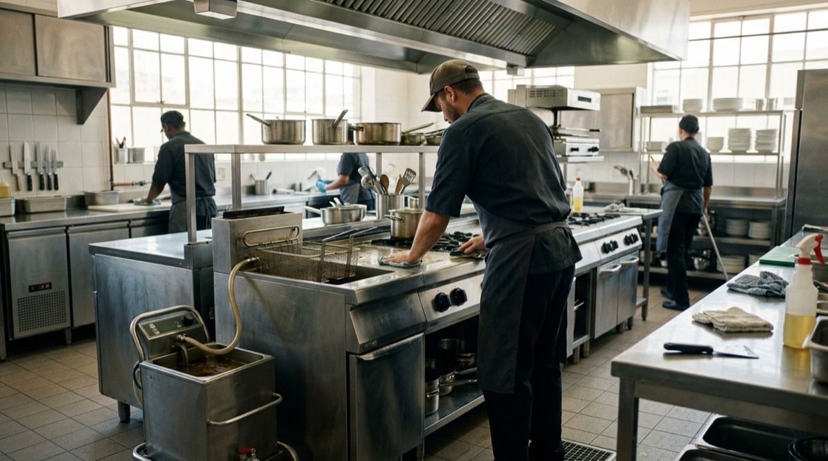 Cocinero limpiando la línea de cocción y filtrando la freidora al cierre del restaurante.