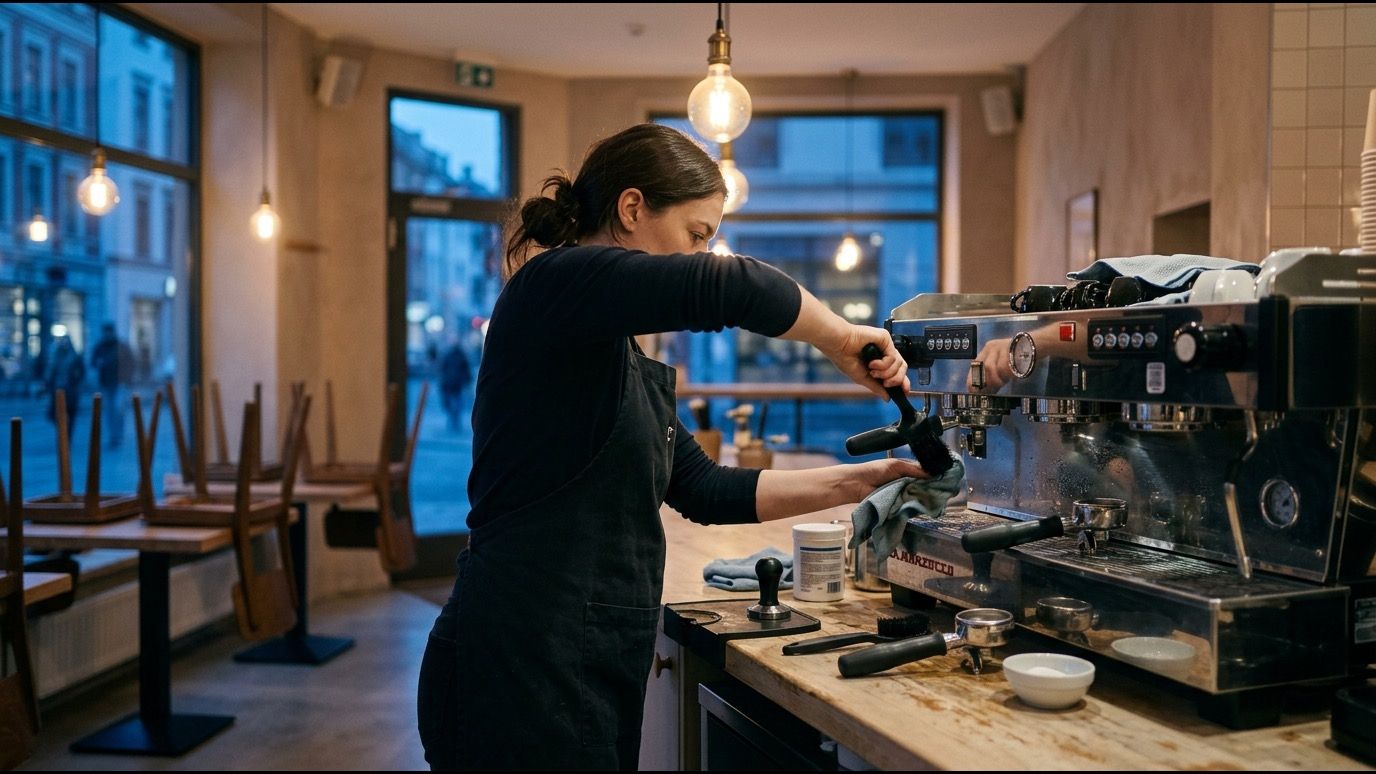 Barista haciendo backflush y limpieza profunda del grupo de la cafetera espresso al cierre, al atardecer.