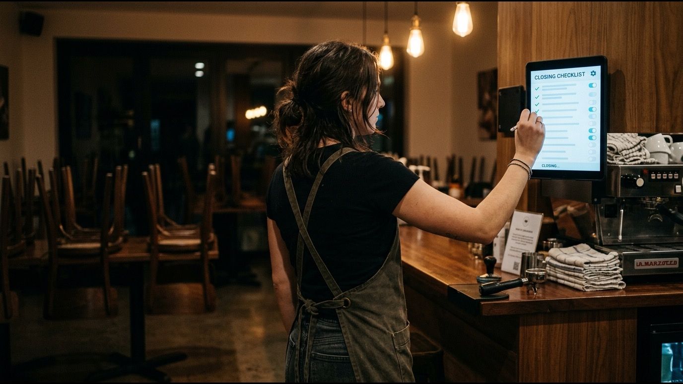 Barista firmando el checklist de cierre en la tablet de barra con el local recogido y luces bajas.