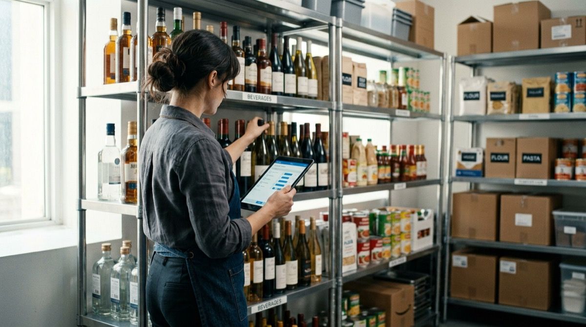Encargado o dueño haciendo inventario físico de fin de mes en almacén o cámara con tablet, contando existencias