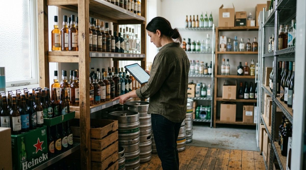 Encargado del bar haciendo inventario mensual de botellas de licor y barriles en la bodega o almacén con una tablet