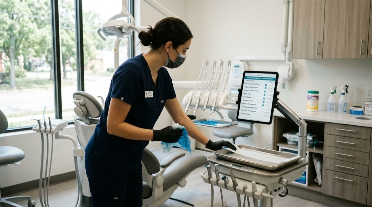 Auxiliar de clínica dental desinfectando las superficies de un gabinete y cambiando las barreras mientras marca la tarea en una tablet.