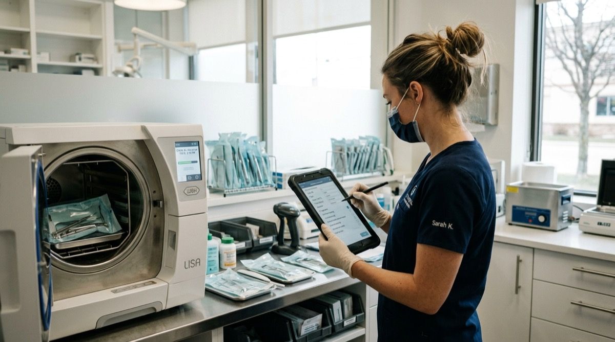 Auxiliar registrando el ciclo de esterilización del instrumental en el autoclave con una tablet de tareas en la mano.
