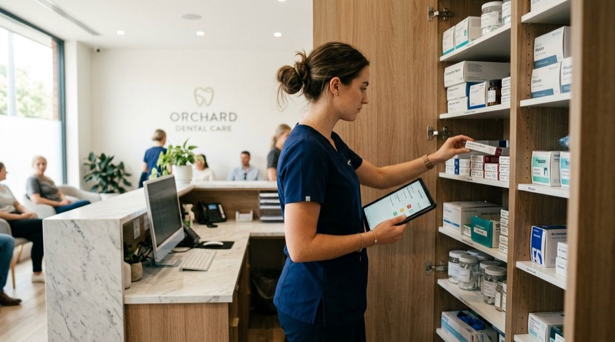Recepcionista revisando el stock y las caducidades del material en la recepción de la clínica con una tablet de tareas.
