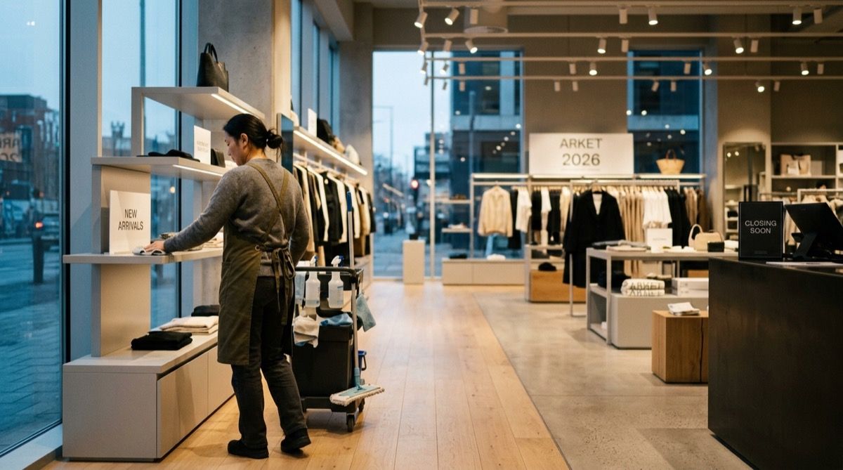 Dependienta recogiendo la sala y asegurando la tienda al cierre, con las luces bajadas.