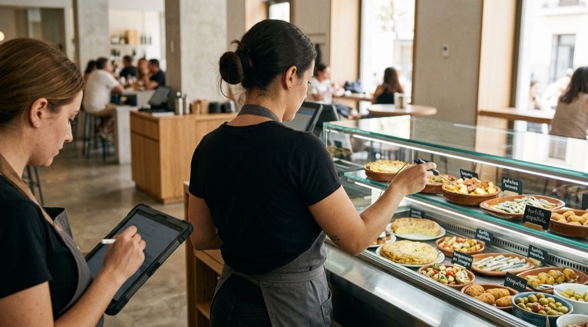Personal de bar reponiendo la vitrina de tapas mientras una compañera registra en la tablet.