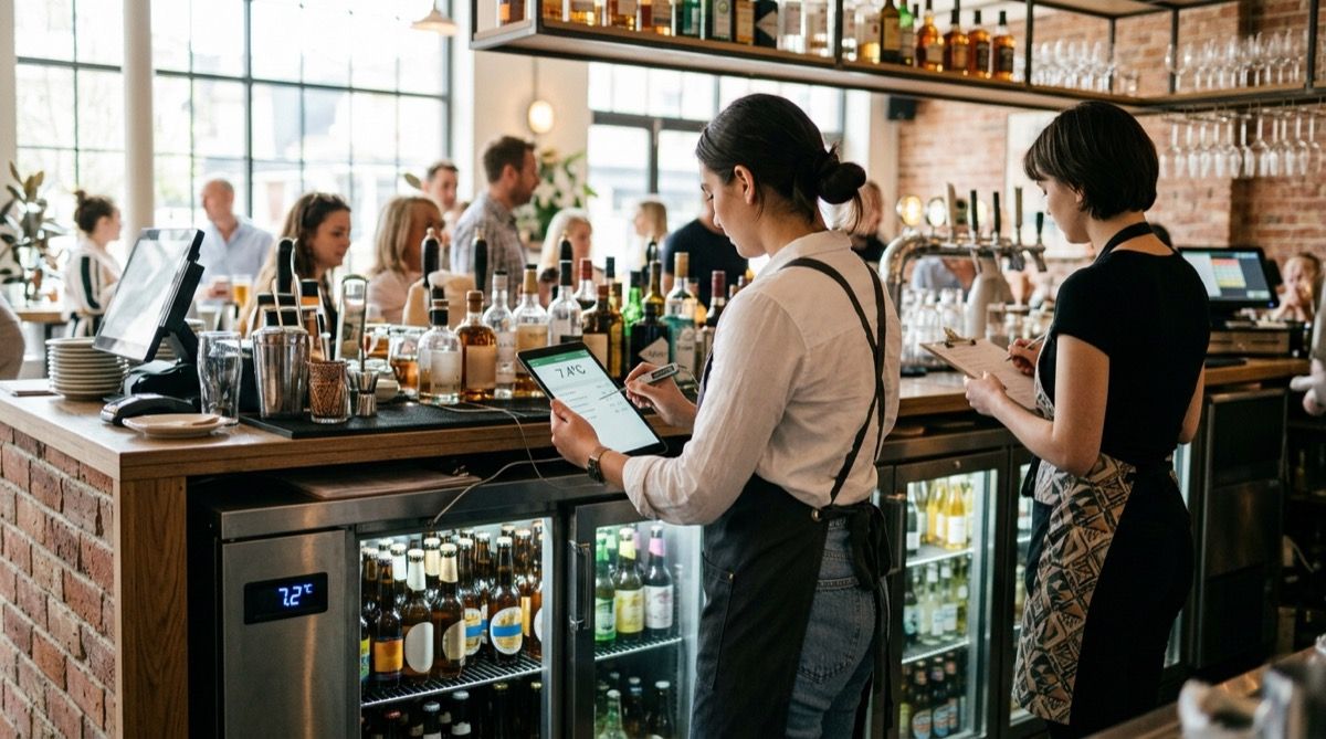 Camarera comprobando la temperatura del botellero del bar y anotándola en una tablet.
