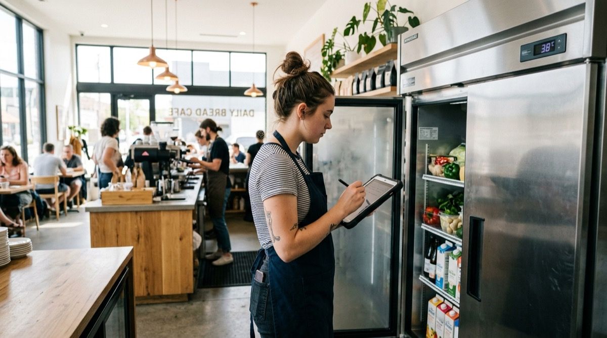 Empleada comprobando la temperatura de la nevera de una cafetería y registrándola en una tablet.