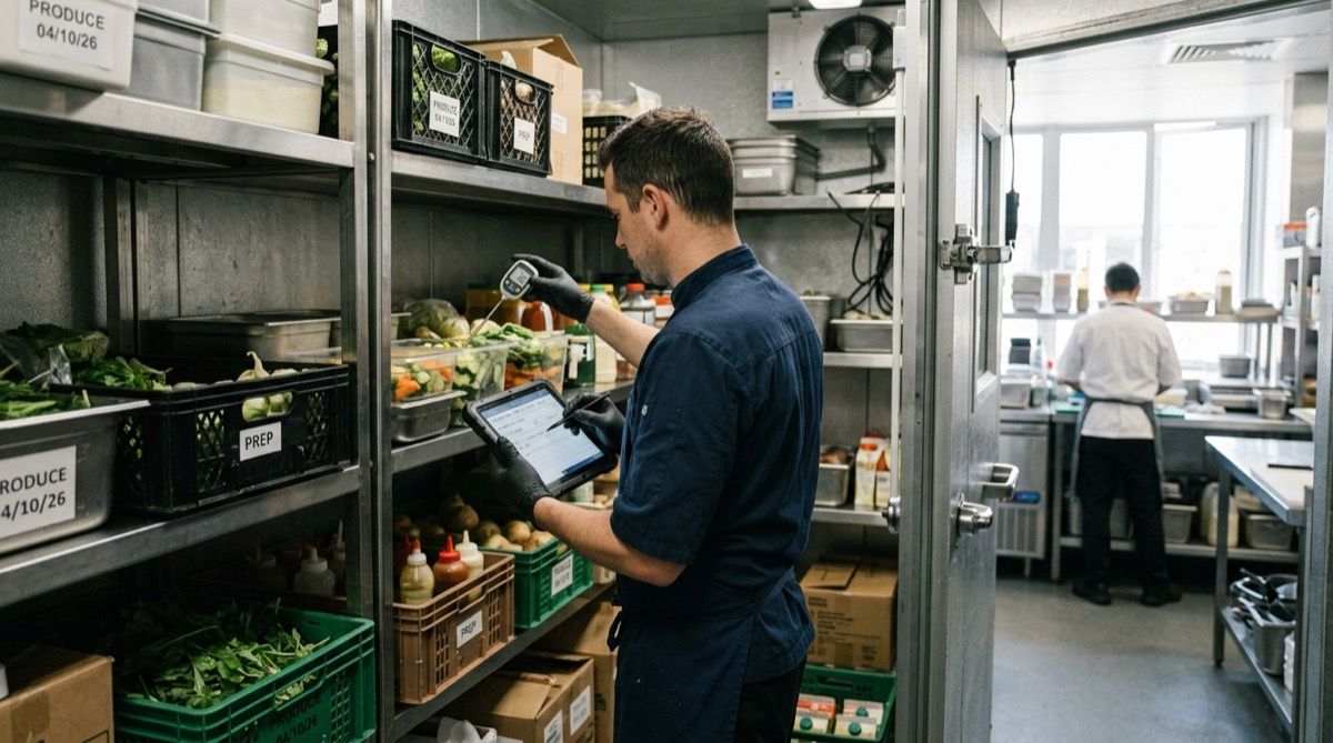Cocinero comprobando con sonda la temperatura de la cámara frigorífica y registrándola en una tablet.