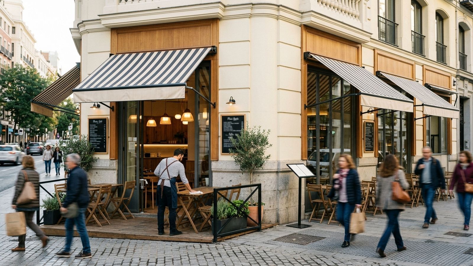 Dos locales de la misma marca de cafetería en una esquina de Madrid, con toldos y fachadas idénticos