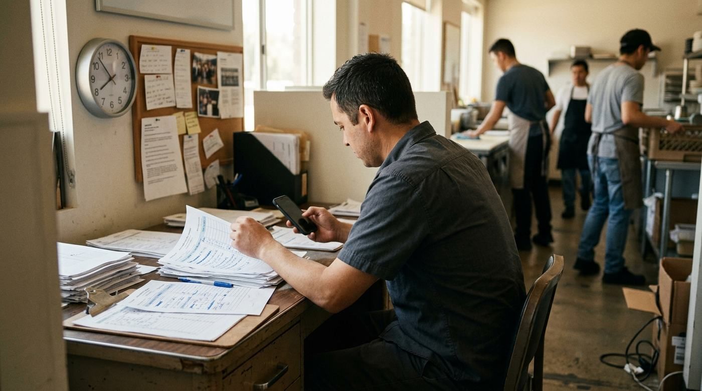 Encargado de un local revisando papeles y mensajes del móvil para saber qué tareas se han hecho