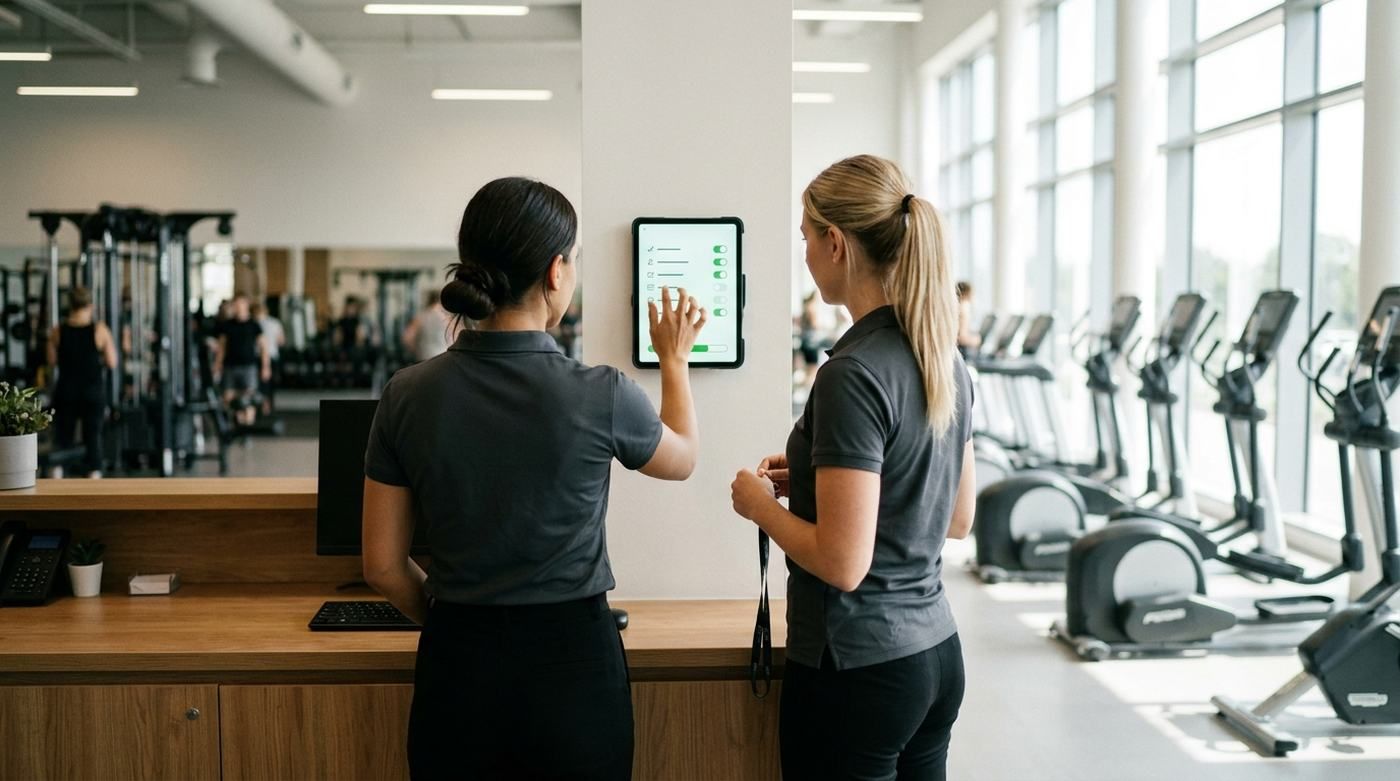 Dos personas de un gimnasio consultando su lista de tareas en una tablet de pared al empezar el turno