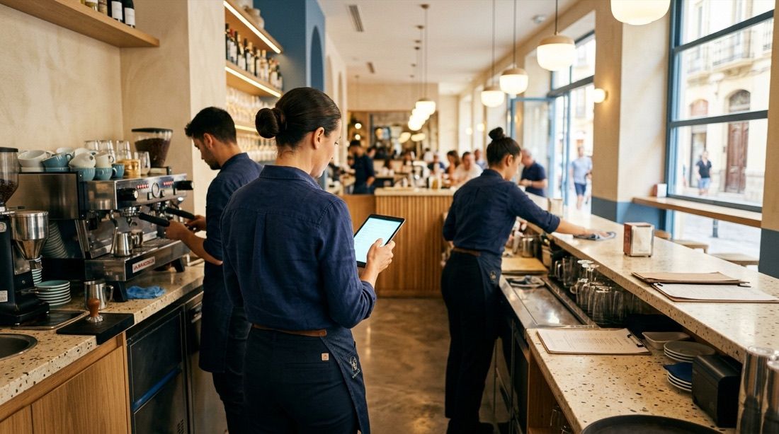 Equipo de un bar español repasando sus tareas del turno en una tablet con Timlup