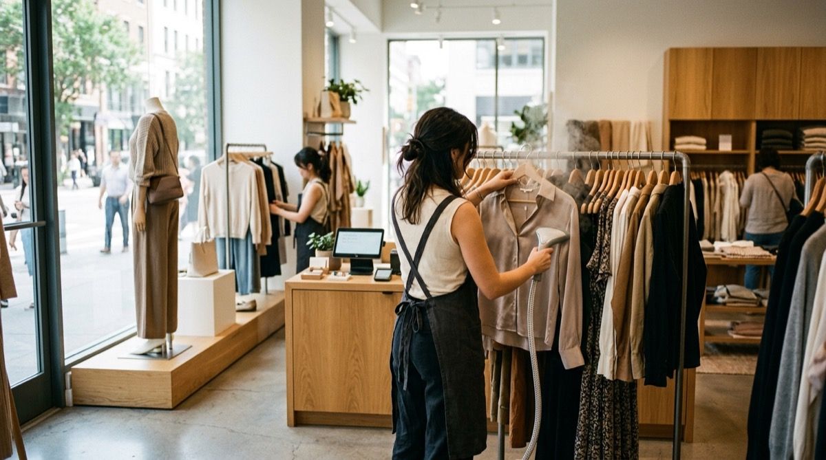Dependienta vaporizando y colocando prendas en los percheros de una tienda de moda, con un maniquí vestido en el escaparate.