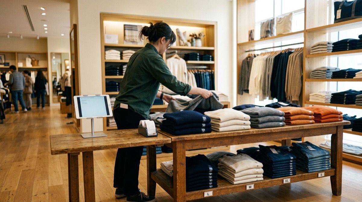 Empleada doblando y ordenando prendas por tallas en una mesa de exposición de una tienda de ropa, con stock repuesto al fondo.
