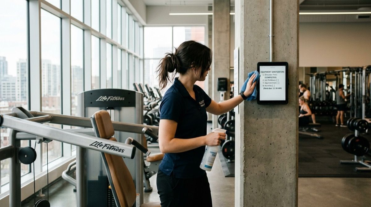 Trabajador de gimnasio desinfectando una máquina de musculación mientras marca la tarea en una tablet.