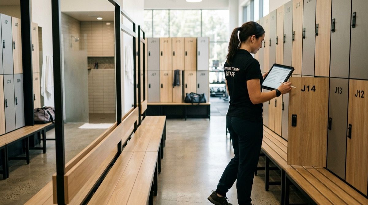 Empleada revisando la limpieza de los vestuarios con una tablet de tareas en la mano.