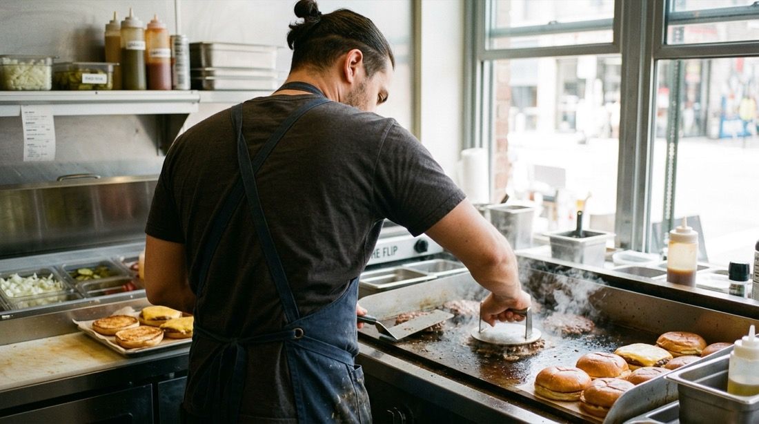 Cocinero de espaldas haciendo smash burgers en la plancha
