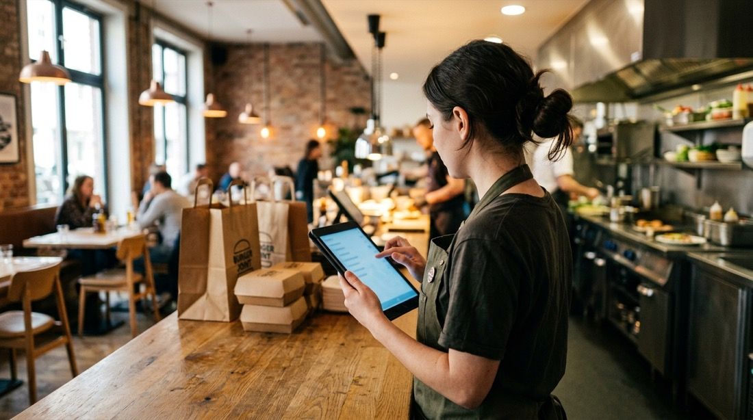 Empleada en el mostrador con una tablet marcando tareas