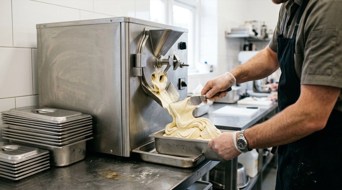 Manos trabajando en el obrador con mantecadora y cubetas de helado