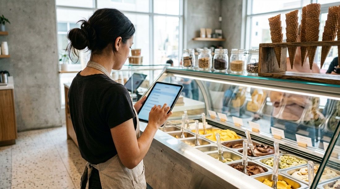 Empleada de espaldas completando la checklist en una tablet junto a la vitrina