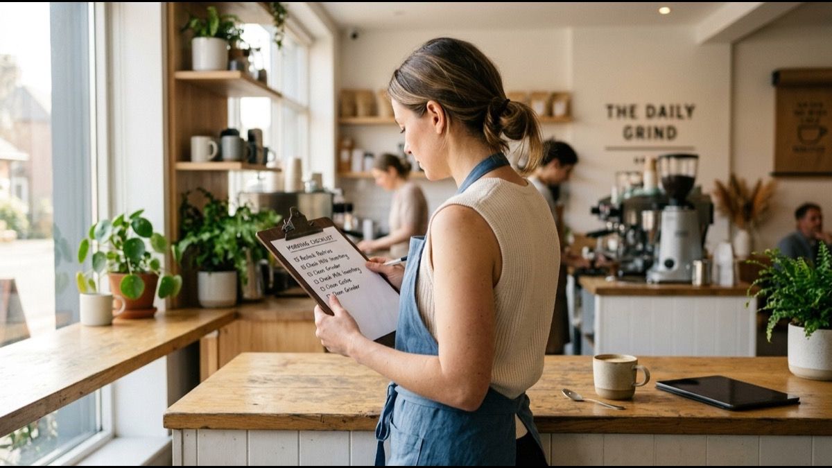 Dueña de una cafetería repasando su checklist actual en papel antes de dar el salto a una app