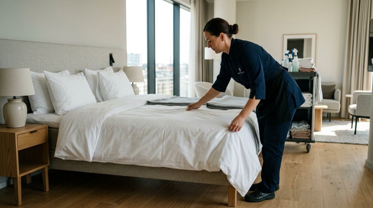 Camarera de pisos haciendo la cama con lencería limpia en una habitación de hotel.
