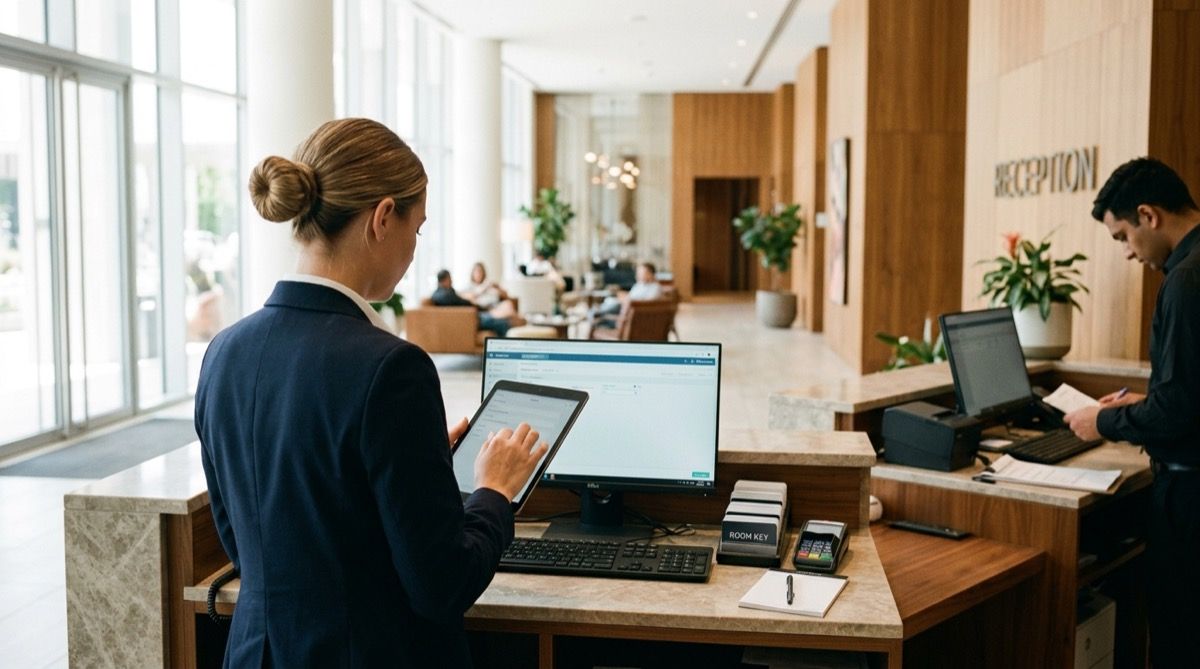 Recepcionista de hotel revisando tareas en una tablet en el mostrador.