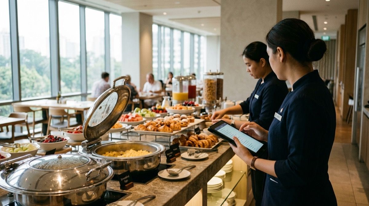 Personal de hotel montando el desayuno buffet y comprobándolo en una tablet.